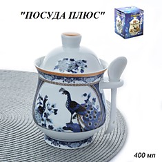 Сахарница "Павлин на белом", с ложкой, 10,5x9x12 см, 400 мл